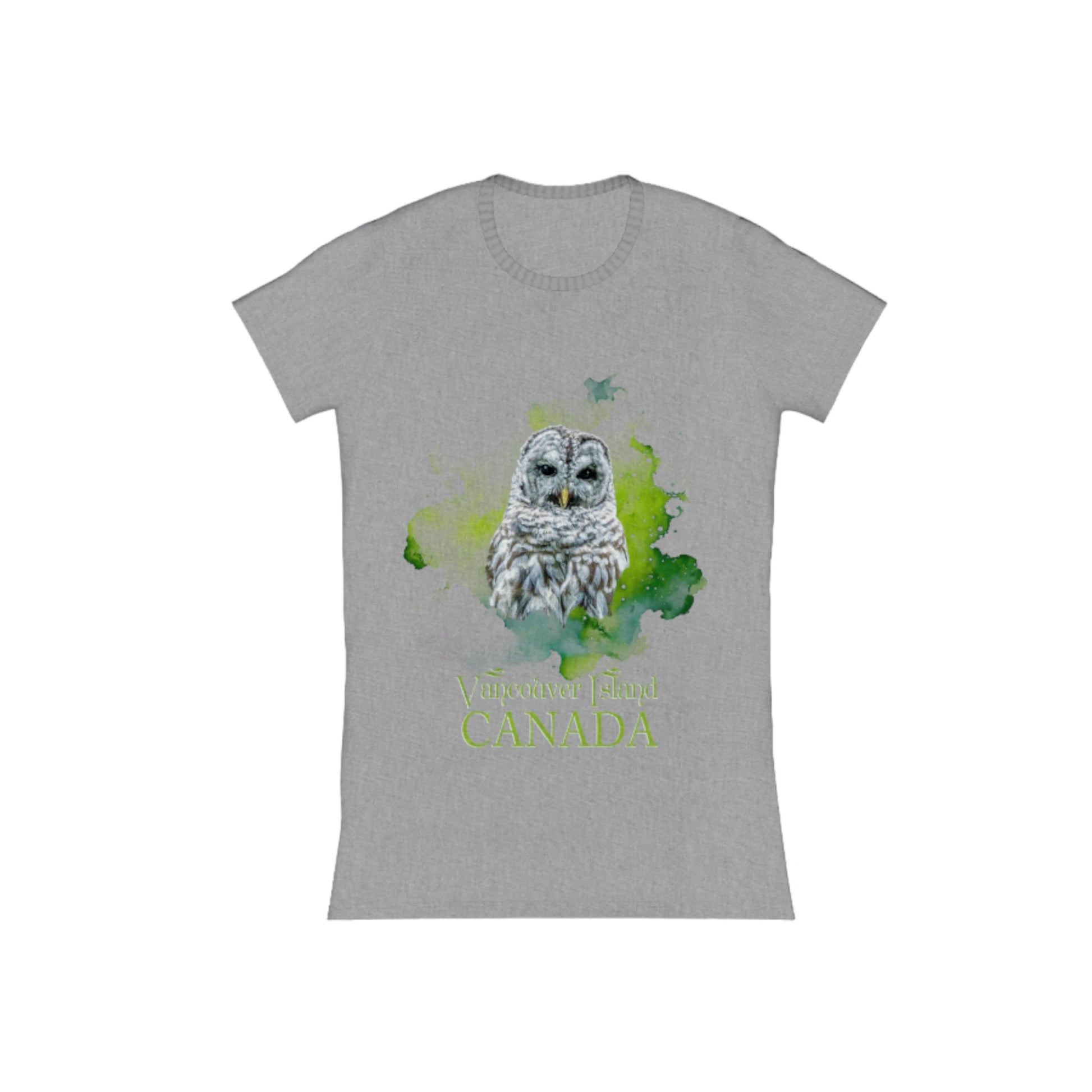 Wise Owl Vancouver Island Canada Comfort Slim Fit T-shirt. the image is of a barred owl with a green abstract background. the words on the front read Vancouver Island Canada