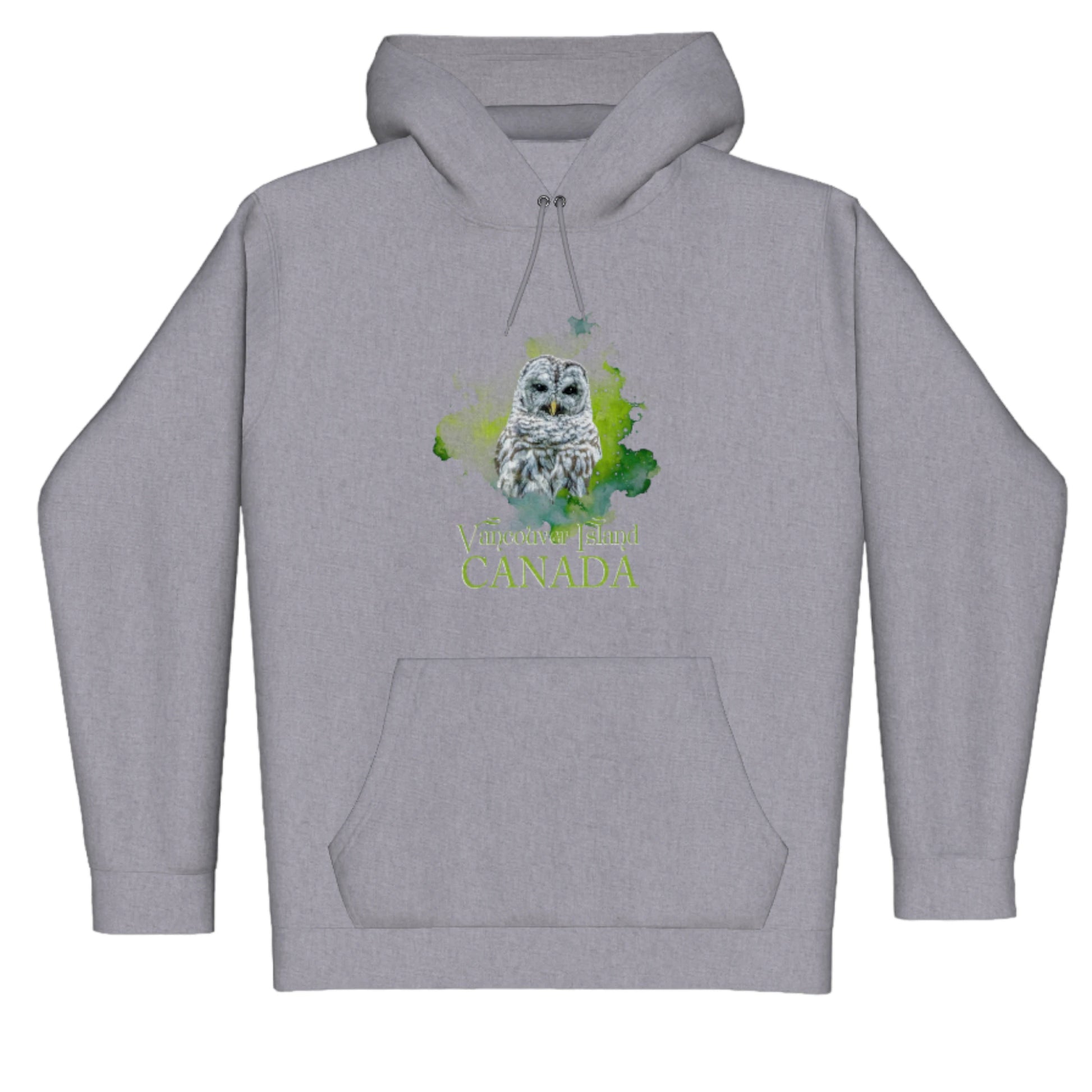 Wise Owl Vancouver Island Canada Premium Pullover Hoodie. The image is of a barred owl with a colourful green abstract background, The words read Vancouver Island Canada.