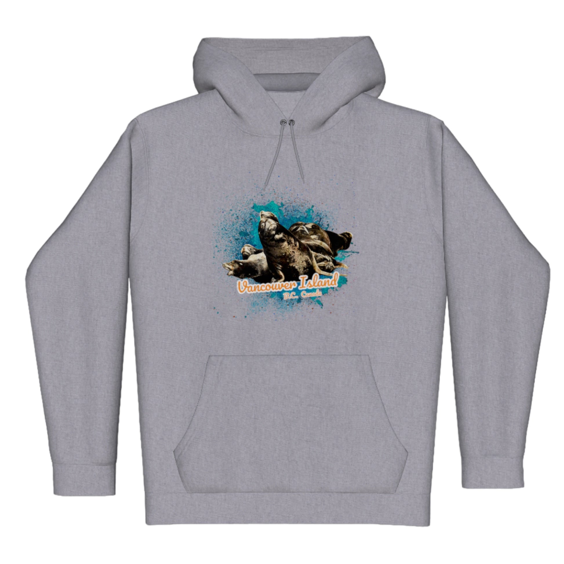 What's Up Sea Lions Vancouver Island BC Canada Premium Pullover Hoodie. The image is of a  group of sea lions on a log raft. The words read Vancouver Island BC Canada.