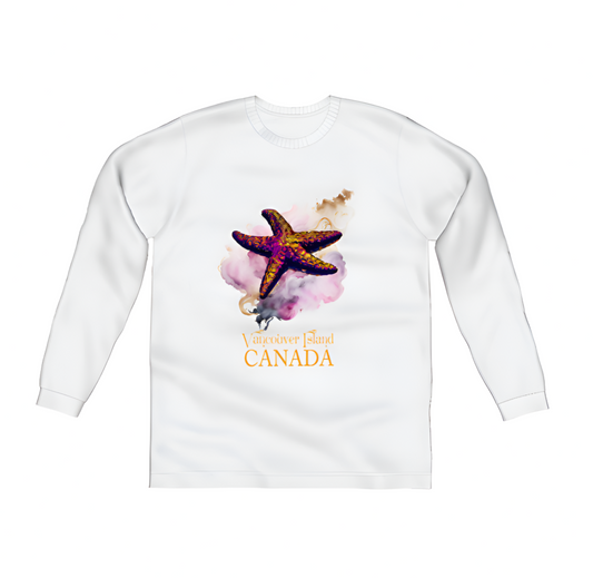 Star Track Vancouver Island Canada Comfort Long Sleeve Unisex T-shirt. the image on the front is of a starfish with a colourful abstract background. The words on the front say vancouver island canada by van isle goddess dot com