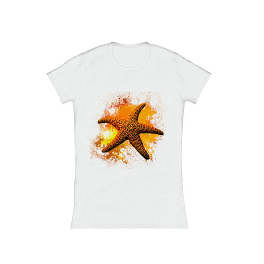 Starfish Orange Comfort Slim Fit T-shirt. The image is of a orange starfish with a colourful abstract of orange, yellow, red background.