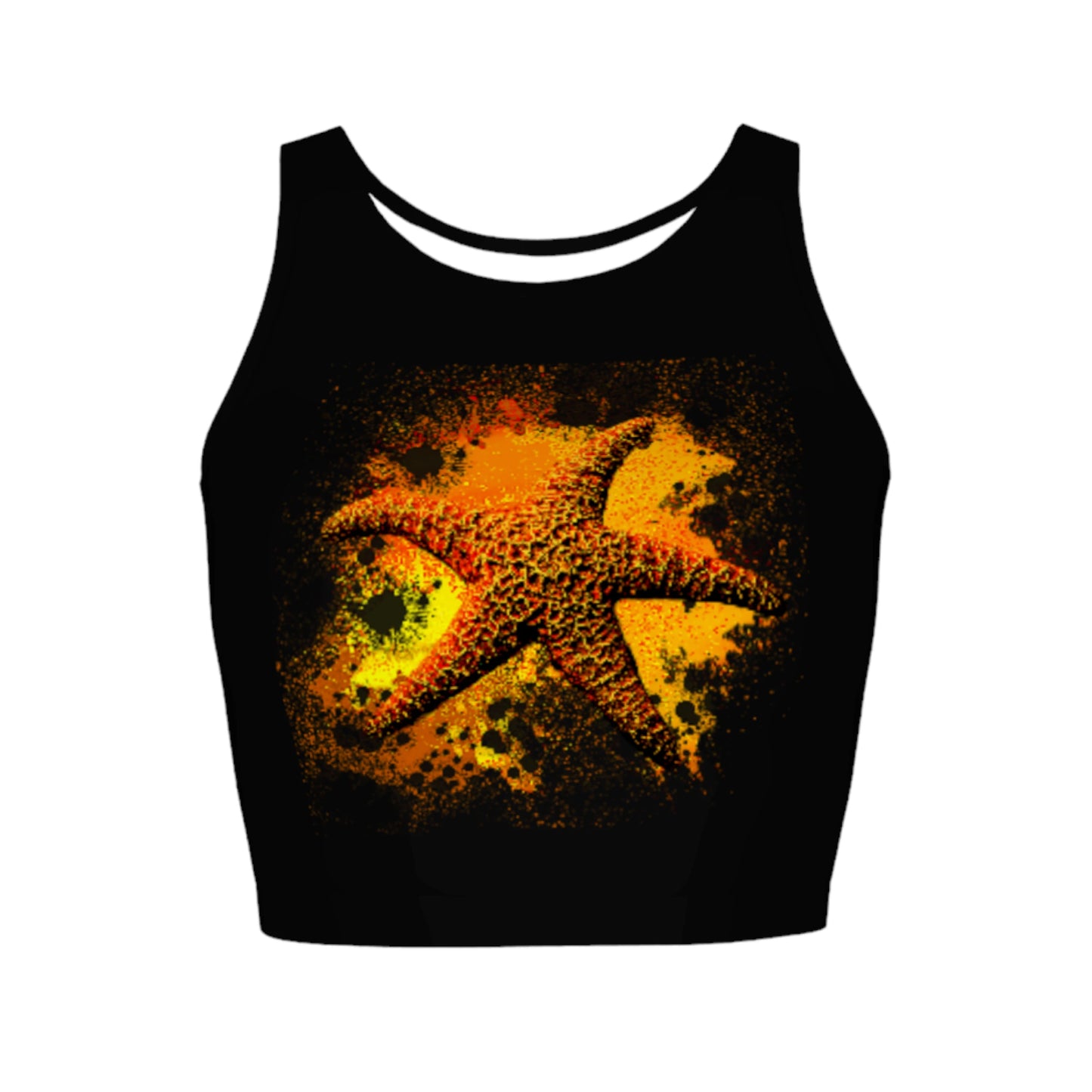 Starfish Orange Active Crop Top.  The image on the top is that of a orange starfish on a abstract background and is on a black top.