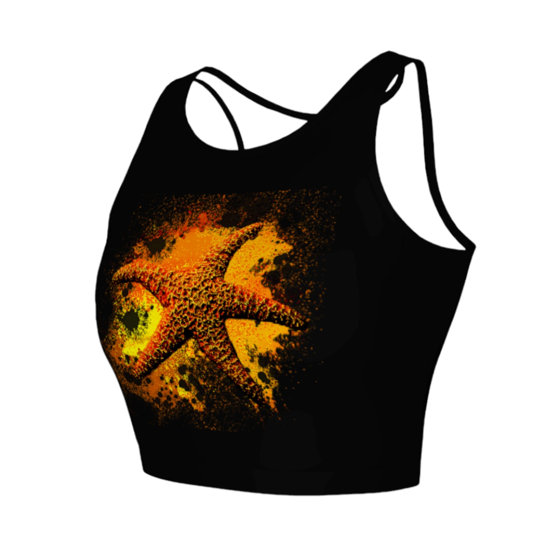 Starfish Orange Active Crop Top.  The image on the top is that of a orange starfish on a abstract background and is on a black top.