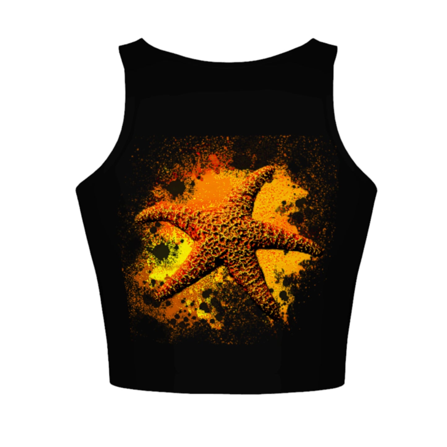 Starfish Orange Active Crop Top.  The image on the top is that of a orange starfish on a abstract background and is on a black top.