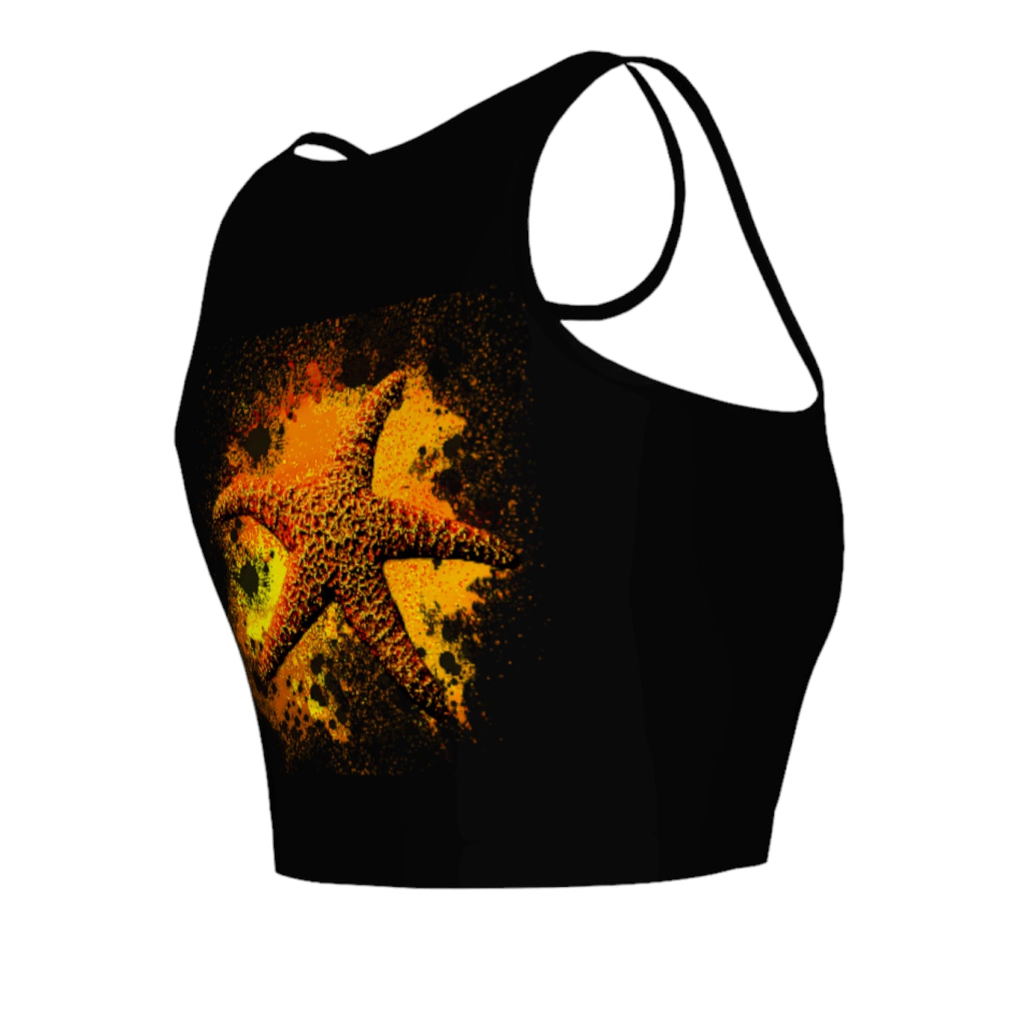 Starfish Orange Active Crop Top.  The image on the top is that of a orange starfish on a abstract background and is on a black top.