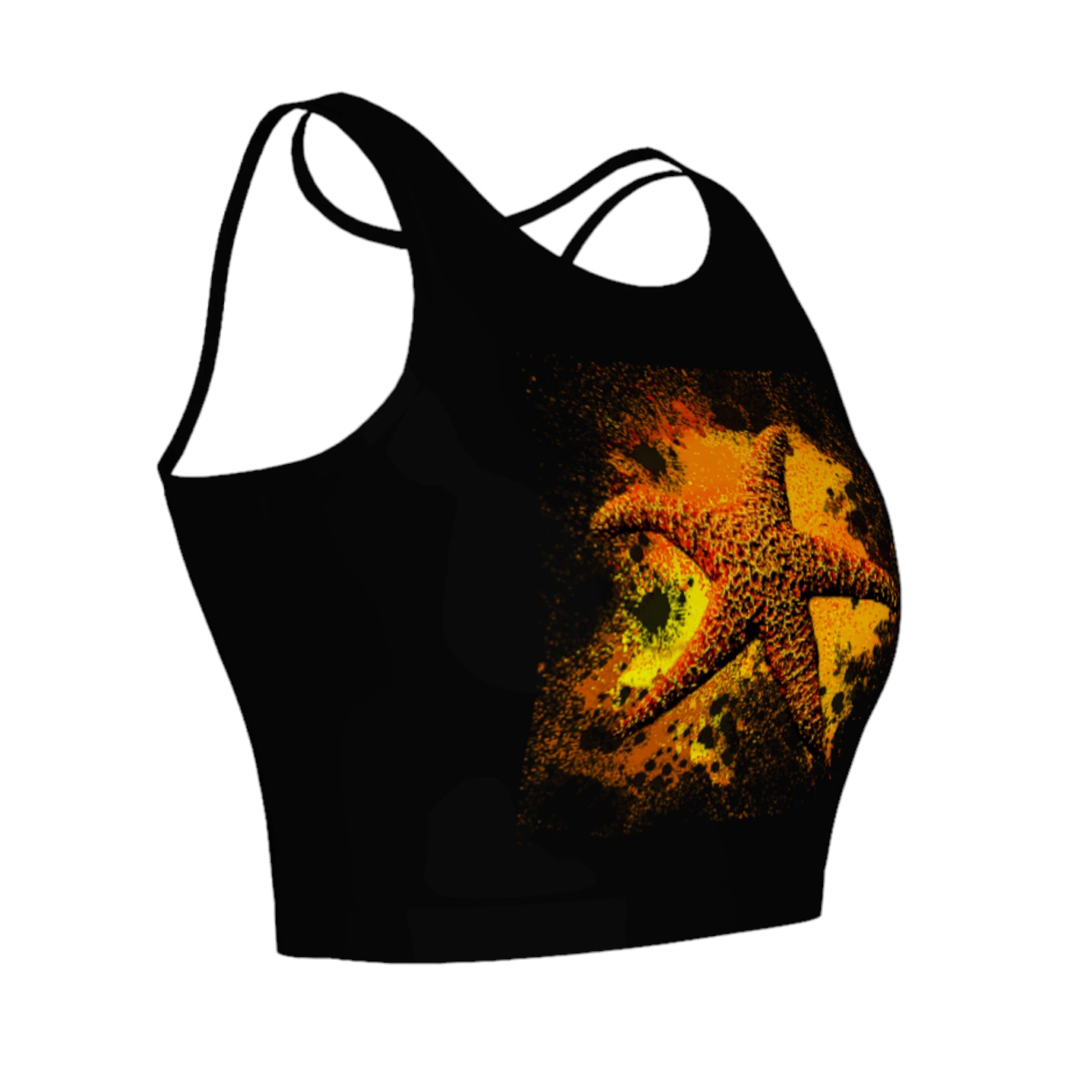 Starfish Orange Active Crop Top.  The image on the top is that of a orange starfish on a abstract background and is on a black top.