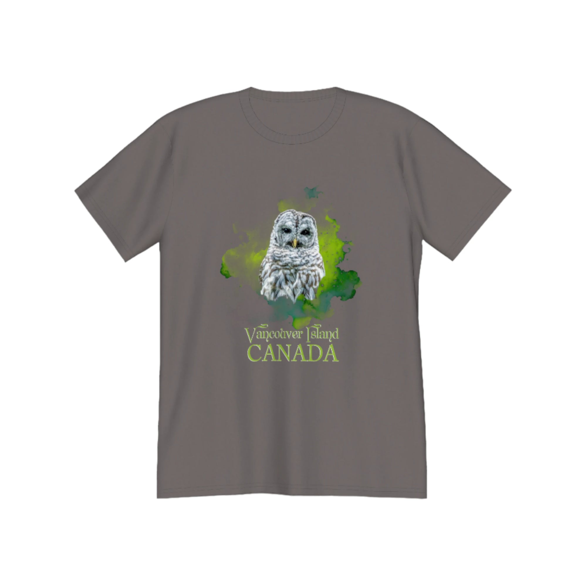 Wise Owl Vancouver Island Canada Premium Unisex T-shirt. The image is of a barred owl close up with a green abstract background. by van isle goddess dot com