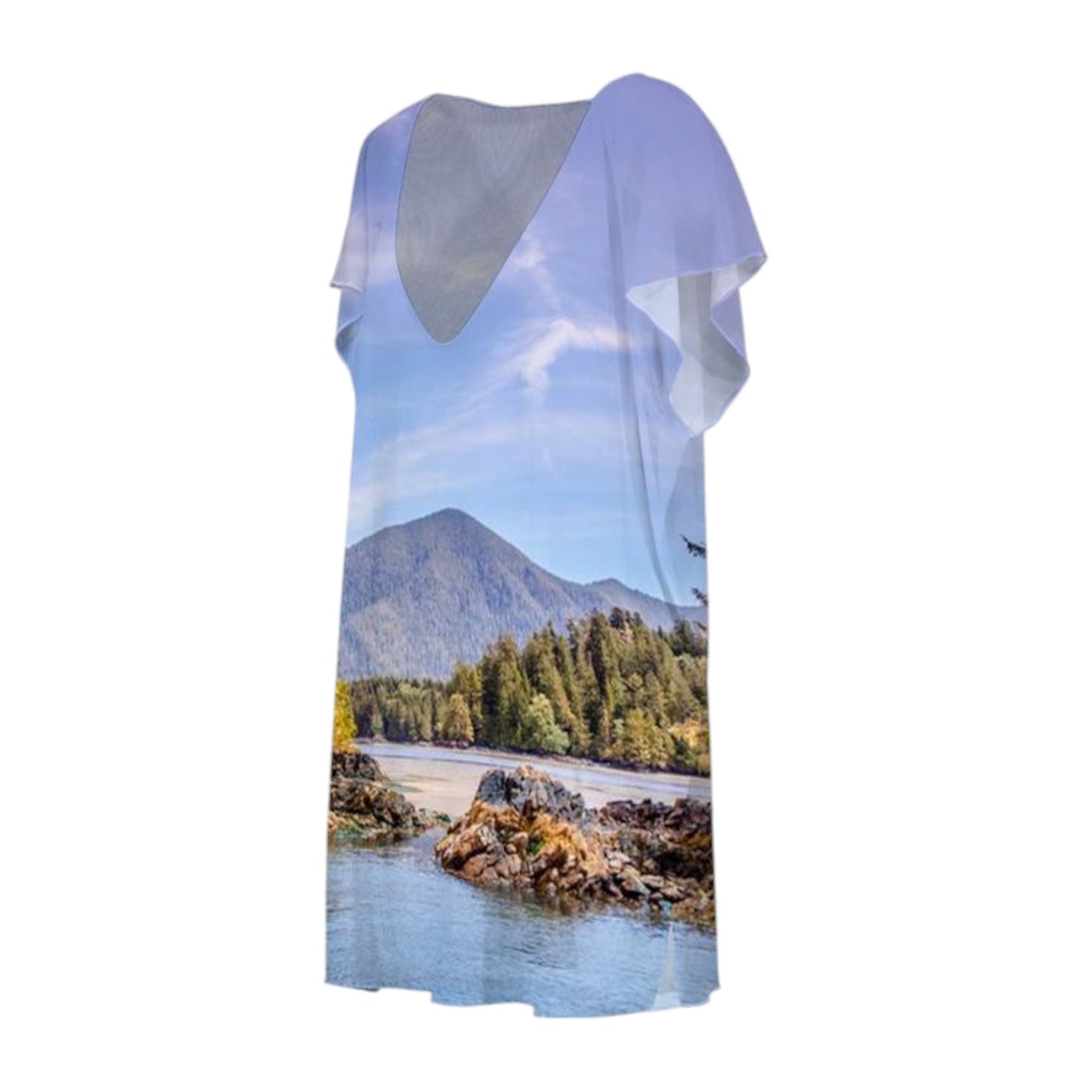 All over print beach dress.  Image is of Tofino Inlet.