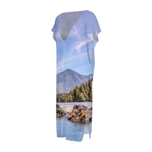 All over print below the knee beach dress featuring image of tofino inlet.