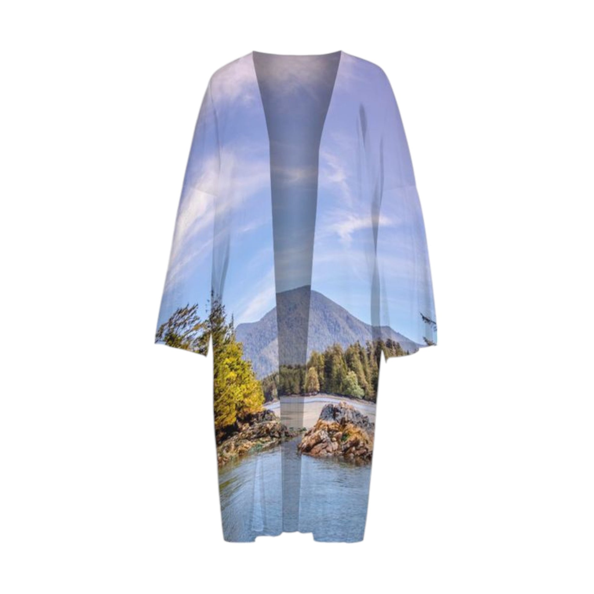 all over print long sleeve kimono featuring image of Tofino Inlet