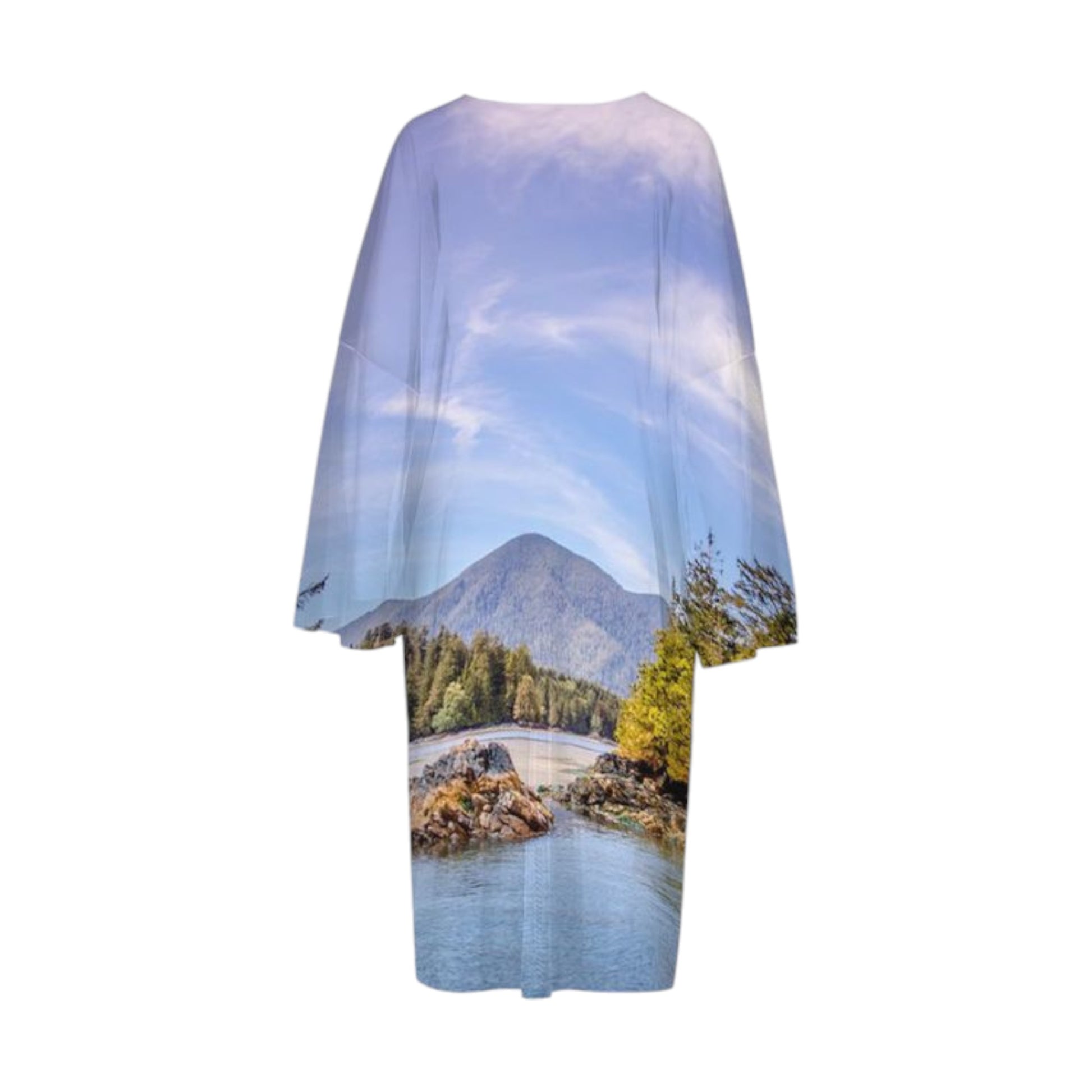 Back side all over print long sleeve kimono featuring image of Tofino Inlet