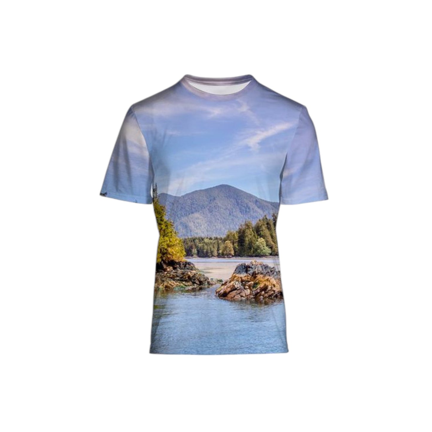 All over print men's Vancouver Island t-shirt featuring a image of the beautiful Tofino Inlet accessible by boat.