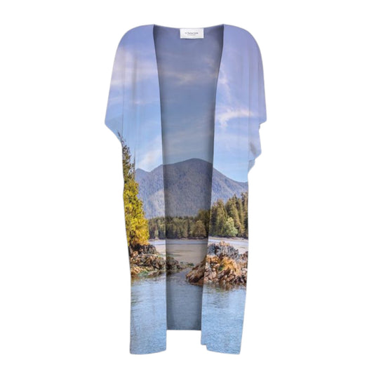 All over print short sleeve kimono wrap featuring image of Tofino Inlet.