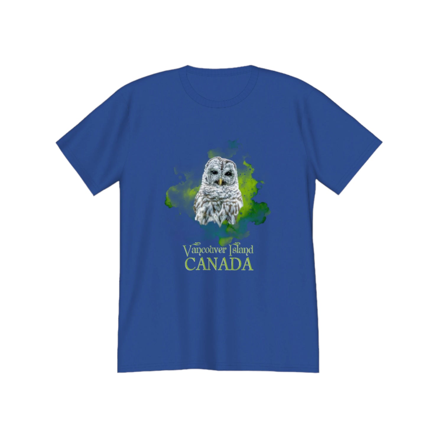 Wise Owl Vancouver Island Canada Premium Unisex T-shirt. The image is of a barred owl close up with a green abstract background. by van isle goddess dot com