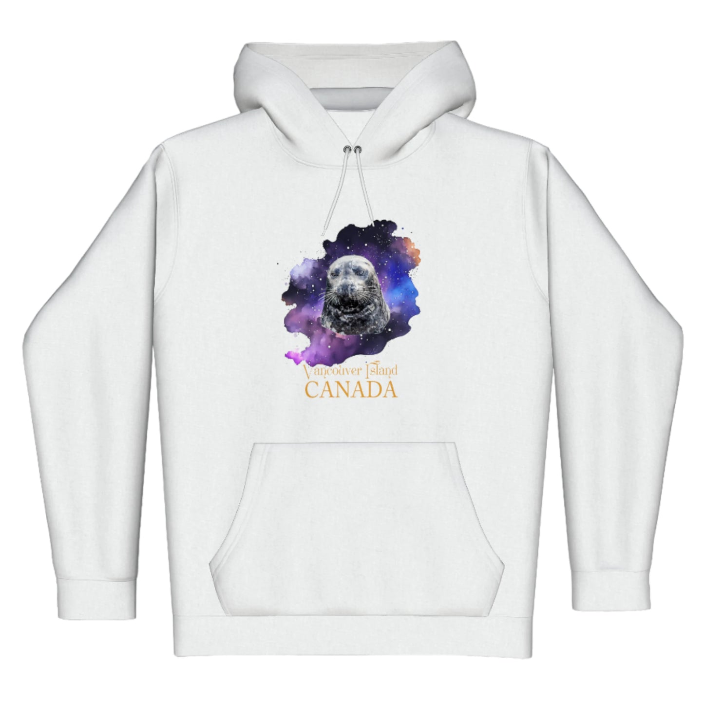 I Love Lucy Vancouver Island Canada Premium Pullover Hoodie. The image is of a harbour seal with a colourful abstract background.  The words read Vancouver Island Canada.