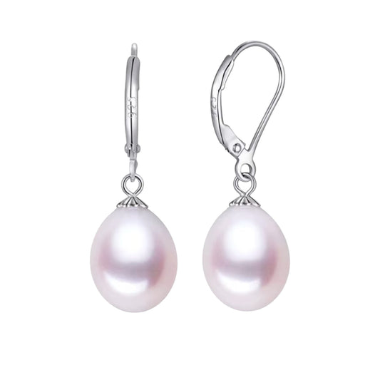 White Pearl Drop Earrings Leverback