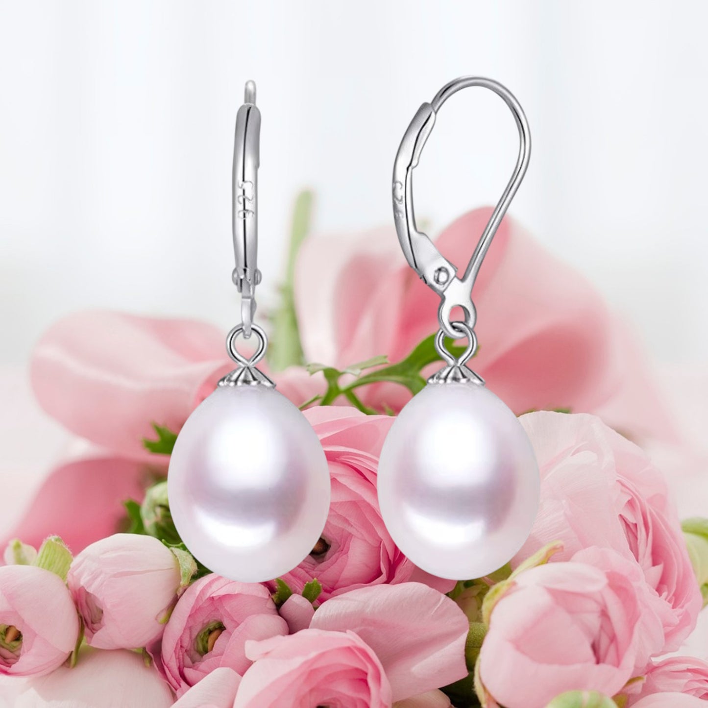 White Pearl Drop Earrings Leverback