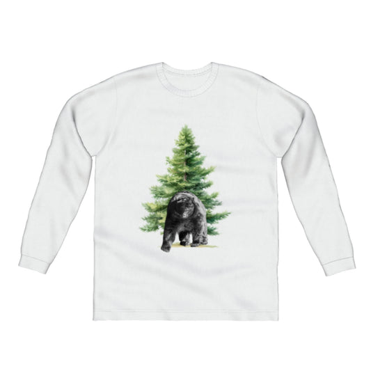 Observant Bear Comfort Long Sleeve Unisex T-shirt. the picture on the front of the shirt is of a bear standing in front of a tree.  by van isle goddess dot com