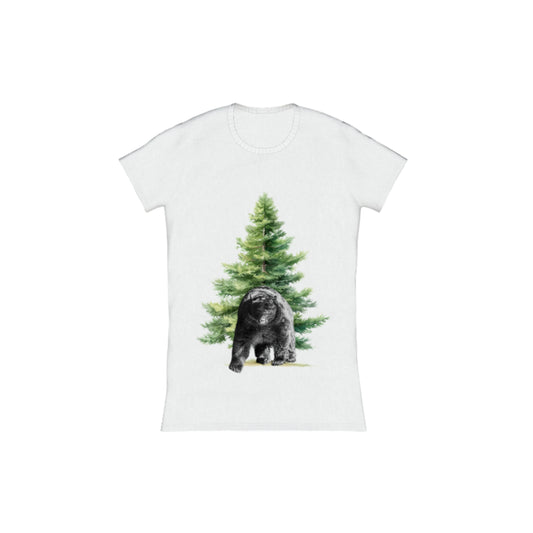 Observant Bear Comfort Slim Fit T-Shirt. The image is of a bear in front of a tree.  by van isle goddess dot com