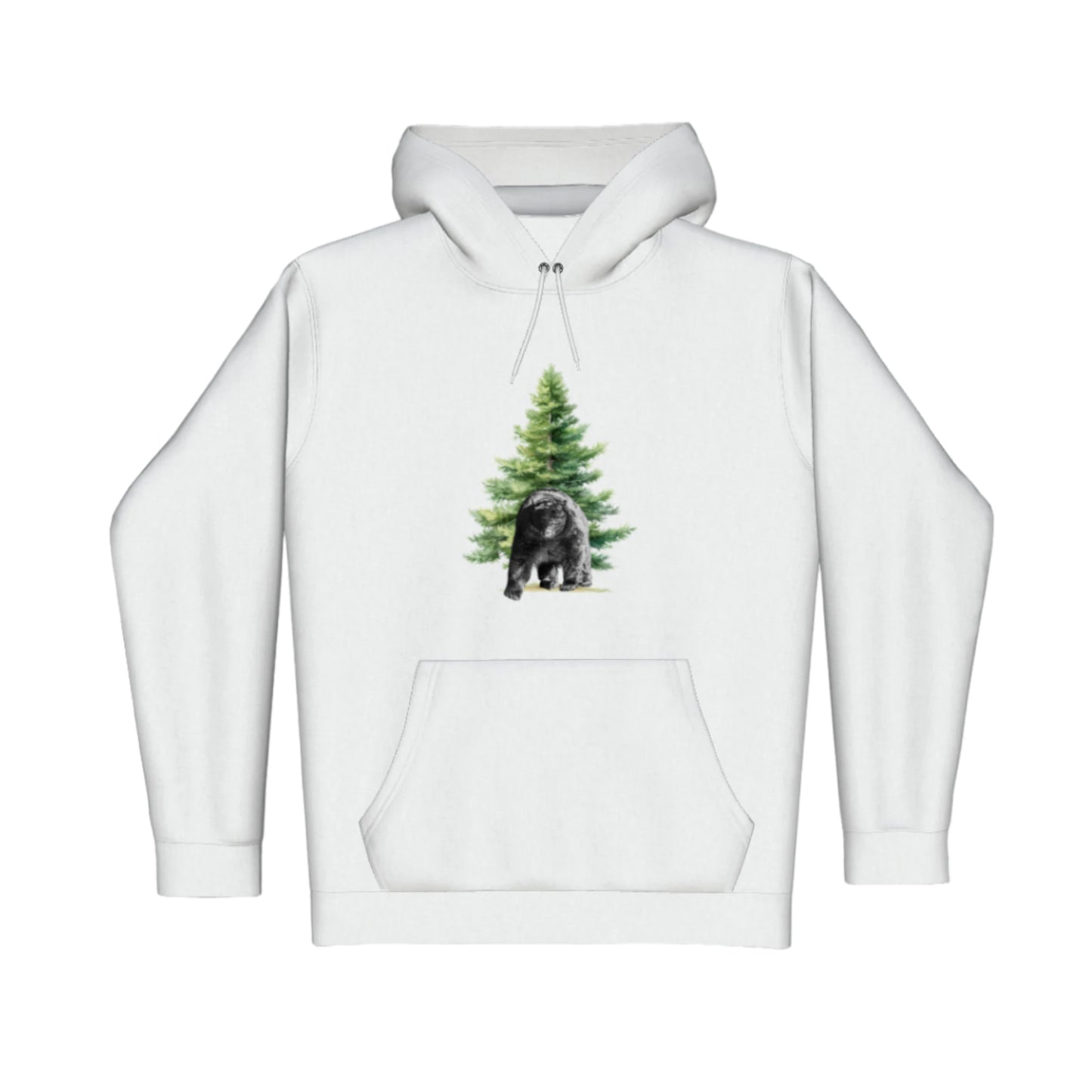 Observant Bear Premium Pullover Hoodie. the image is of a bear in front of tree.