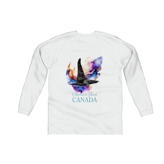 Orca Aura Vancouver Island Canada Comfort Long Sleeve Unisex T-shirt.  the image on the front of the shirt is of a male orca dorsal fin with a colourful abstract background. by van isle goddess dot com