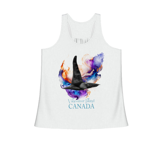 Orca Aura Vancouver Island Canada Flow Racerback Tank Top.  The image on the front shows two sea lions on a abstract ocean blue background. By van isle goddess dot com