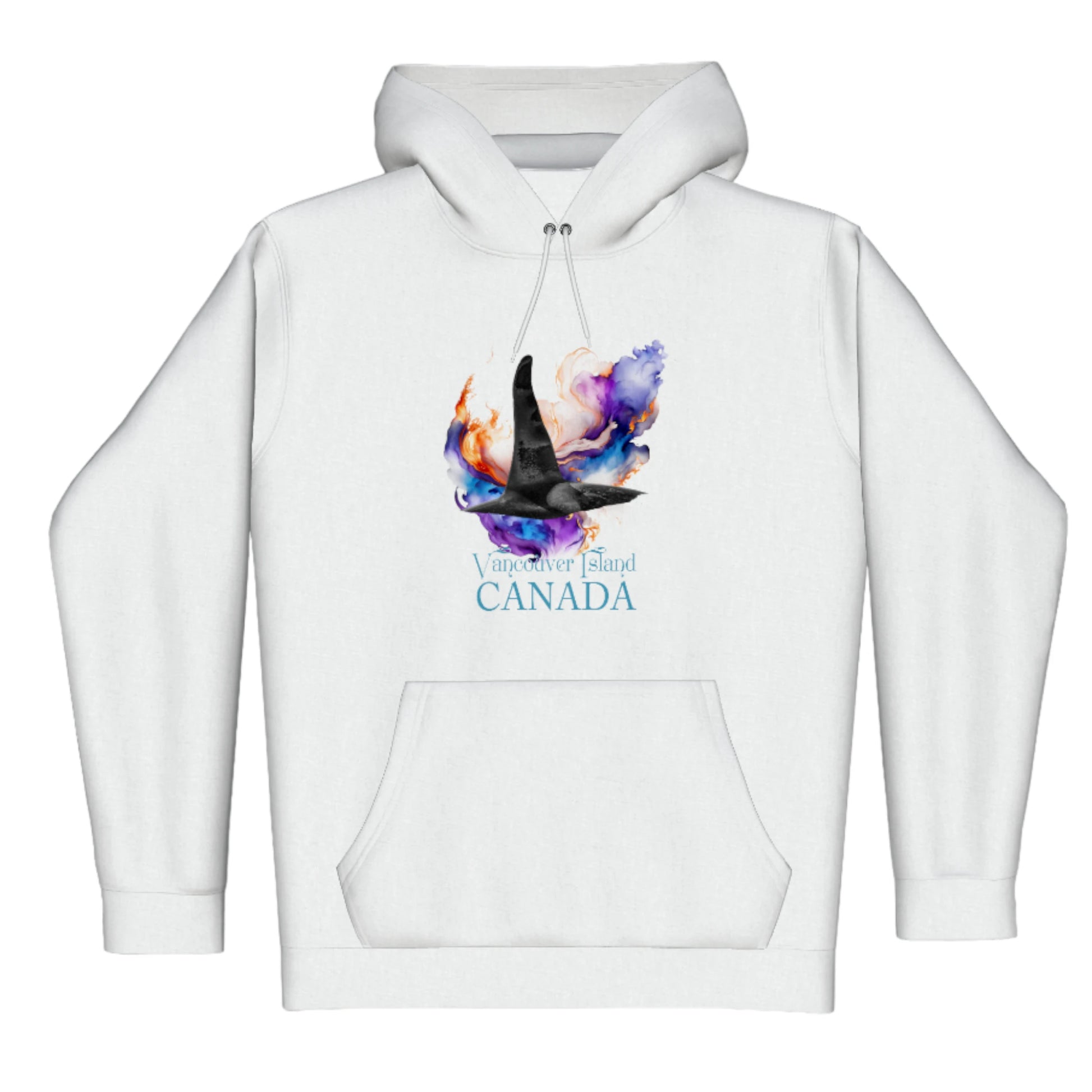 Orca Aura Vancouver Island Canada Premium Pullover Hoodie. The image is of male orca dorsal fin with a colourful abstract background.  The words read Vancouver Island Canada.