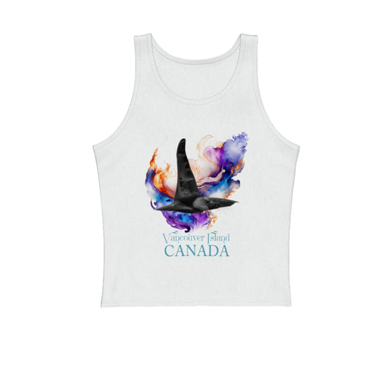 Orca Aura Vancouver Island Canada Premium Unisex Tank Top.  Souvenir of Vancouver Island. The image features an large male orca dorsal fin with an abstract aura of colours! by van isle goddess dot com