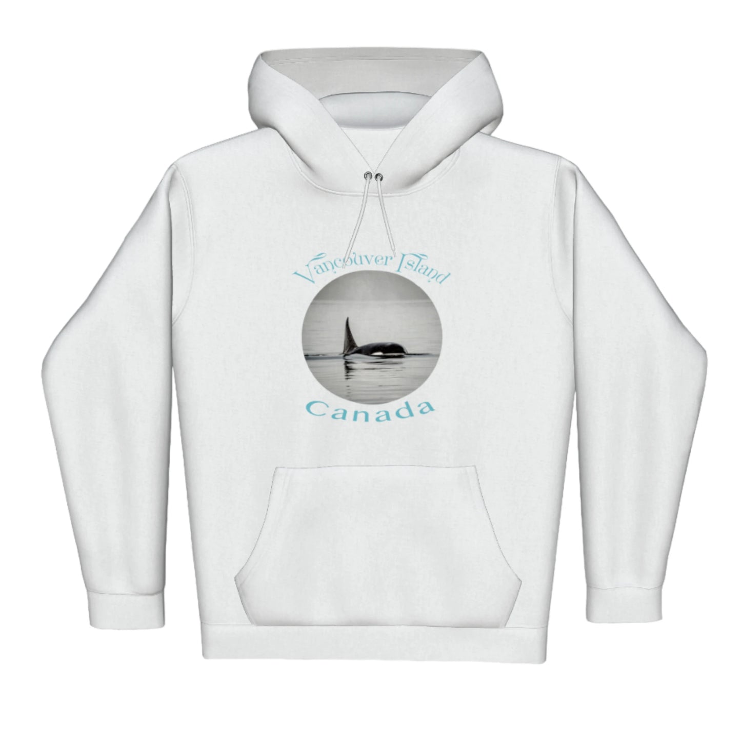 Orca Spray Vancouver Island Canada Premium Pullover Hoodie. The image is of a orca swimming in the Johnstone Strait. the words read Vancouver island Canada.