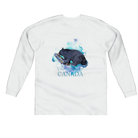 Salmon Bear Vancouver Island Canada Comfort Long Sleeve Unisex T-shirt. The image is of a bear with a fresh caught salmon in its mouth.  The words on the shirt say Vancouver Island Canada. by van isle goddess dot com