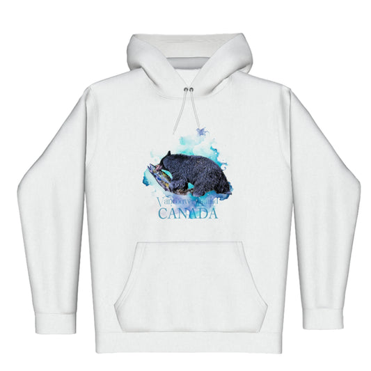 Salmon Bear Vancouver Island Canada Premium Pullover Hoodie. The image is of a bear with a fresh caught salmon in its mouth.  The background is a colourful blue turquoise abstract.