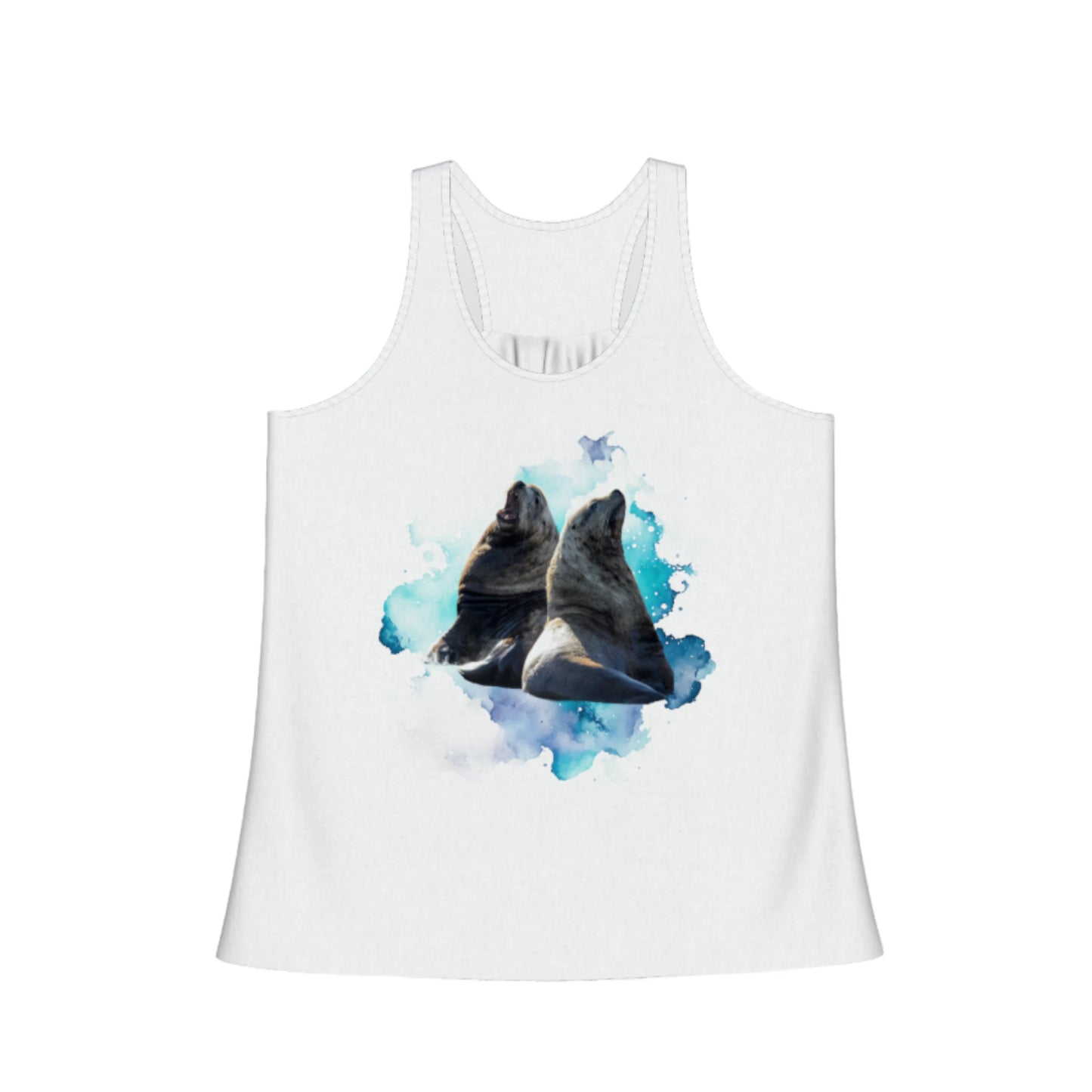 Sea Lions Communication Flow Racerback Tank Top in white.  The image on the front shows two sea lions on a abstract ocean blue background. By van isle goddess dot com