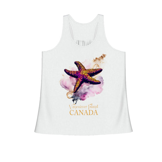 Star Track Vancouver Island Canada Flow racerback tank top.  Image is of a starfish on a abstract colourful background.  By van isle goddess dot com