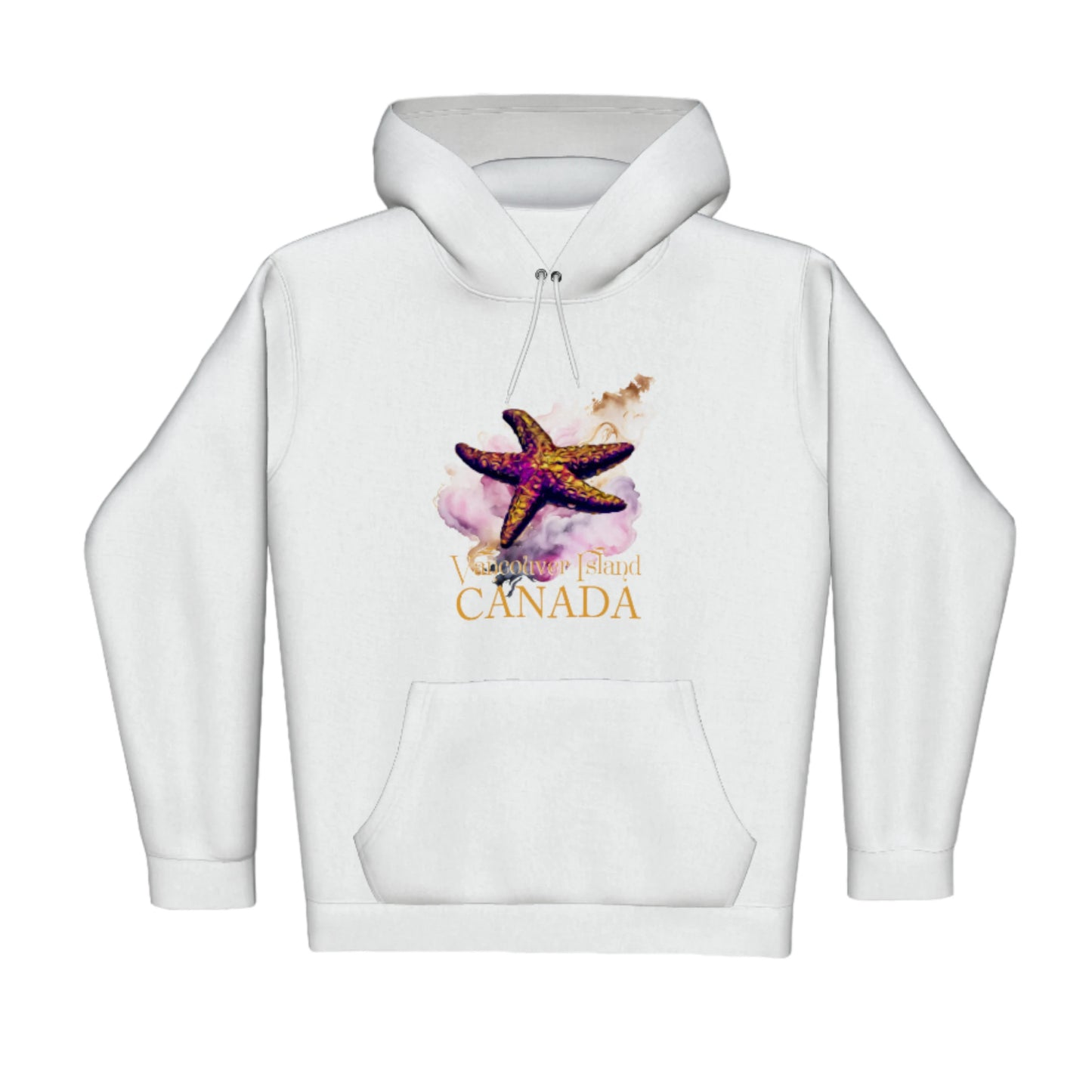 Star Track Vancouver Island Canada Premium Pullover Hoodie. The image is of a starfish with a colourful abstract background. The words read Vancouver Island Canada.