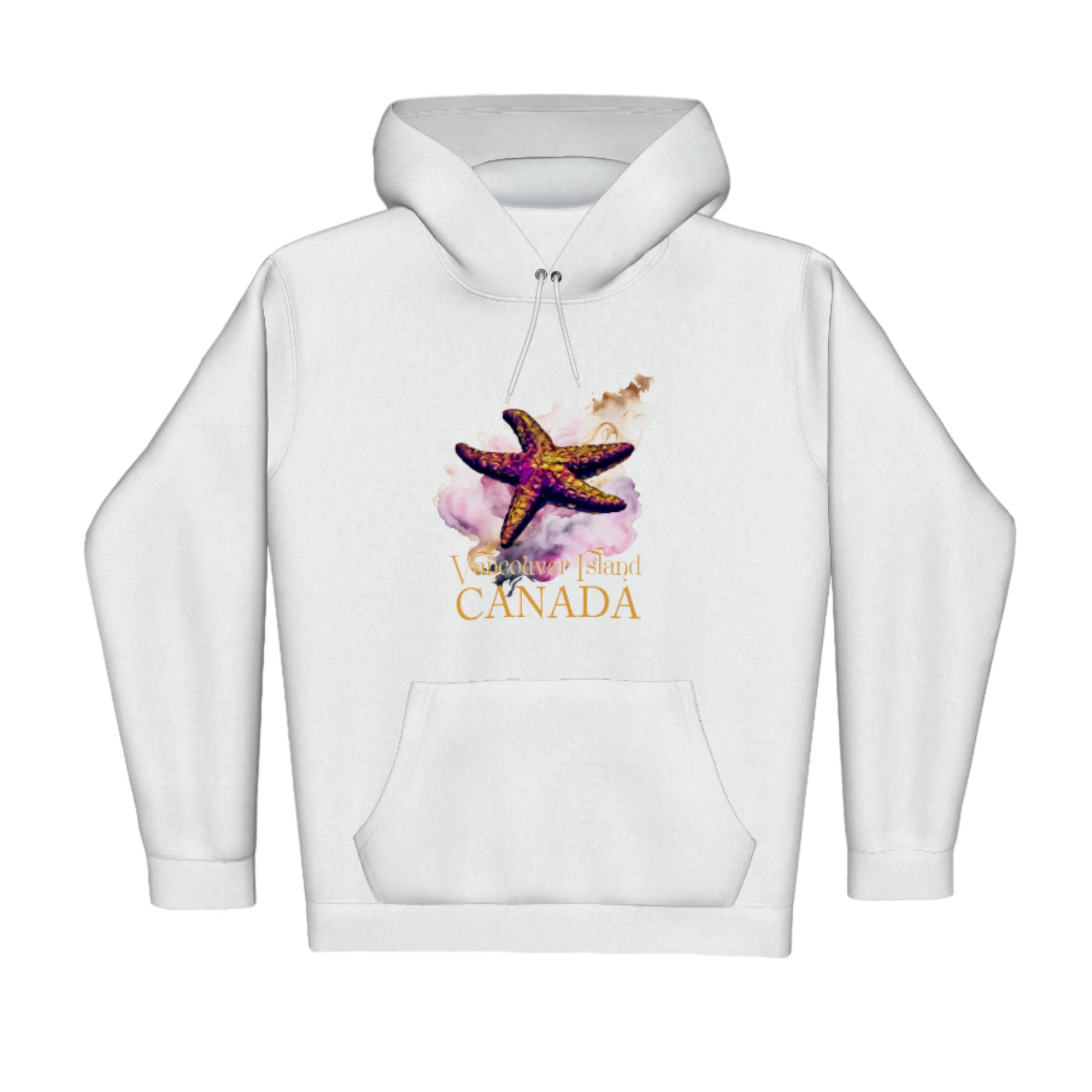 Star Track Vancouver Island Canada Premium Pullover Hoodie. The image is of a starfish with a colourful abstract background. The words read Vancouver Island Canada.