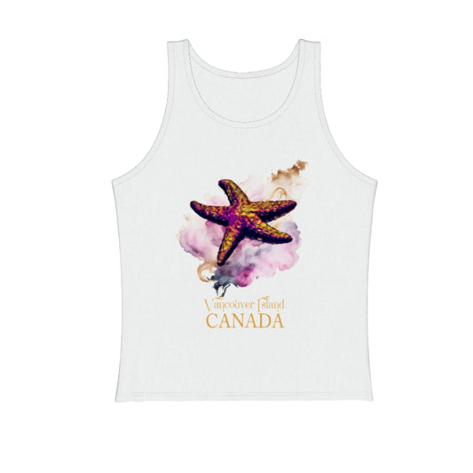 Star Track Vancouver Island Canada Premium Unisex tank top in white.  The artwork is of a starfish with a billow of colour in a abstract design.  by van isle goddess dot com