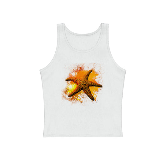 Starfish Orange Premium Unisex Tank Top in white.  the artwork on the front is of a orange starfish on the beach.  The bright colour is an orange and red abstract of colour.  by van isle goddess dot com