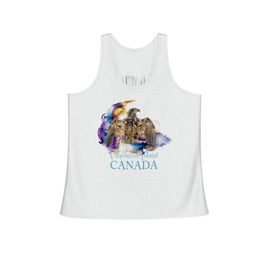 Thunderbird Vancouver Island Canada Flow racerback tank top.  The image is of a eagle with its wings in the thunderbird position.  A colourful abstract background of purple, blue and gold.  The words below the image read Vancouver Island Canada. by van isle goddess dot com