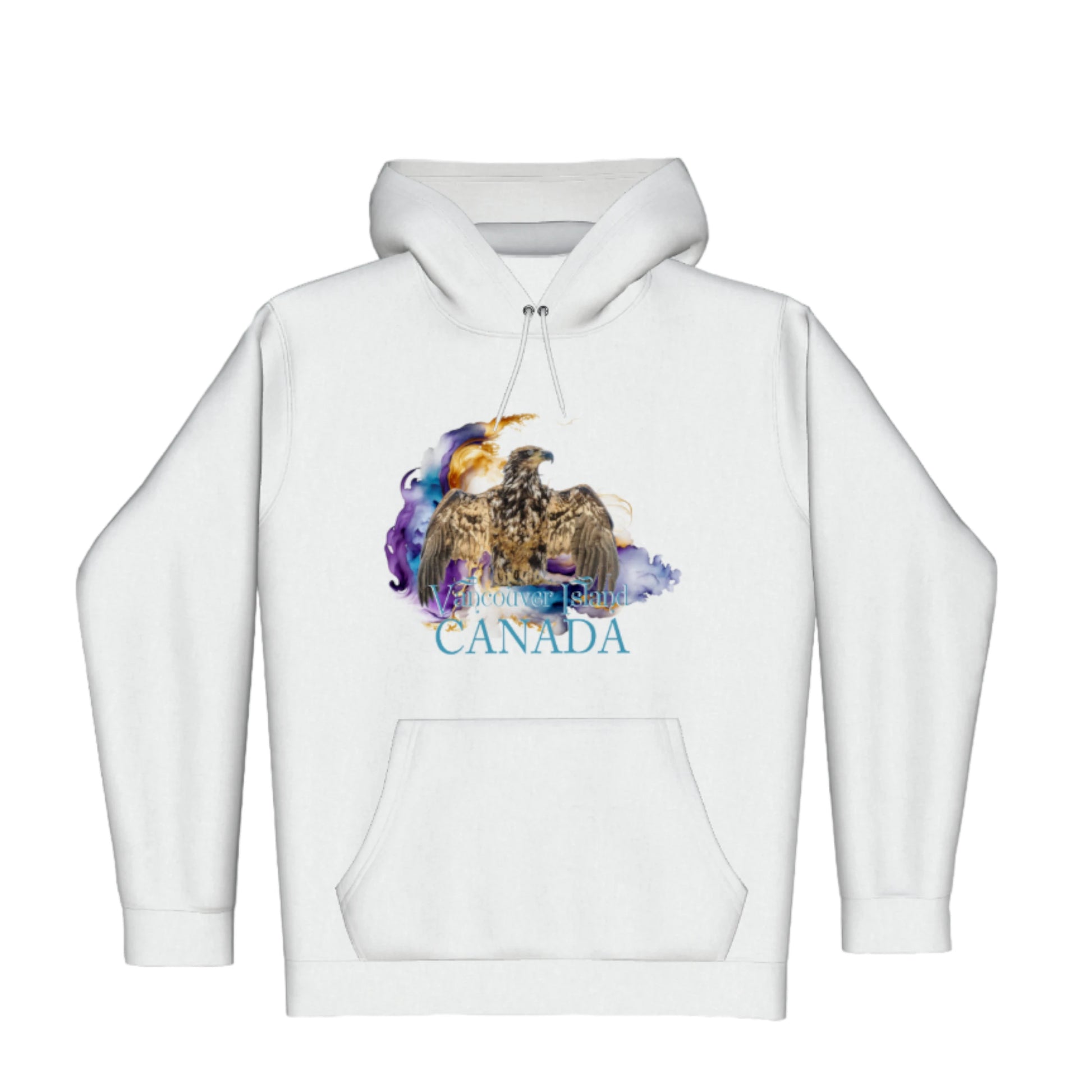 Thunderbird Vancouver Island Canada Premium Pullover Hoodie. The image is of a eagle in the thunderbird position with a colourful abstract background. The words read Vancouver Island Canada.