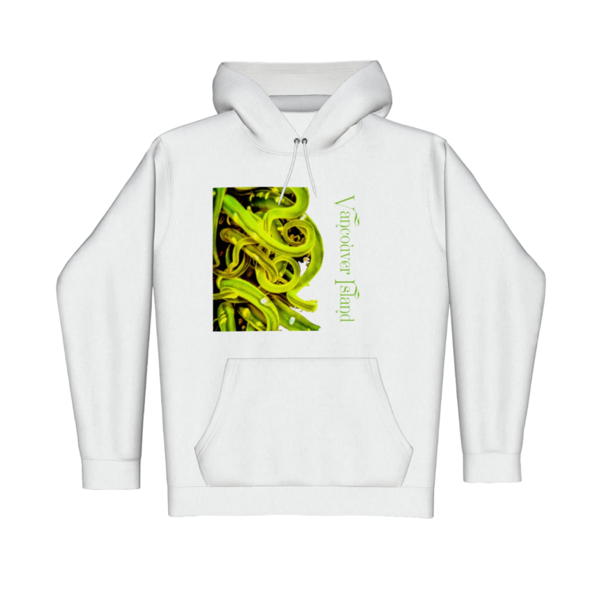 Vancouver Island Sea Anemone Premium Pullover Hoodie. The image is of a green sea anemone tentacles under water. The words are Vancouver Island.