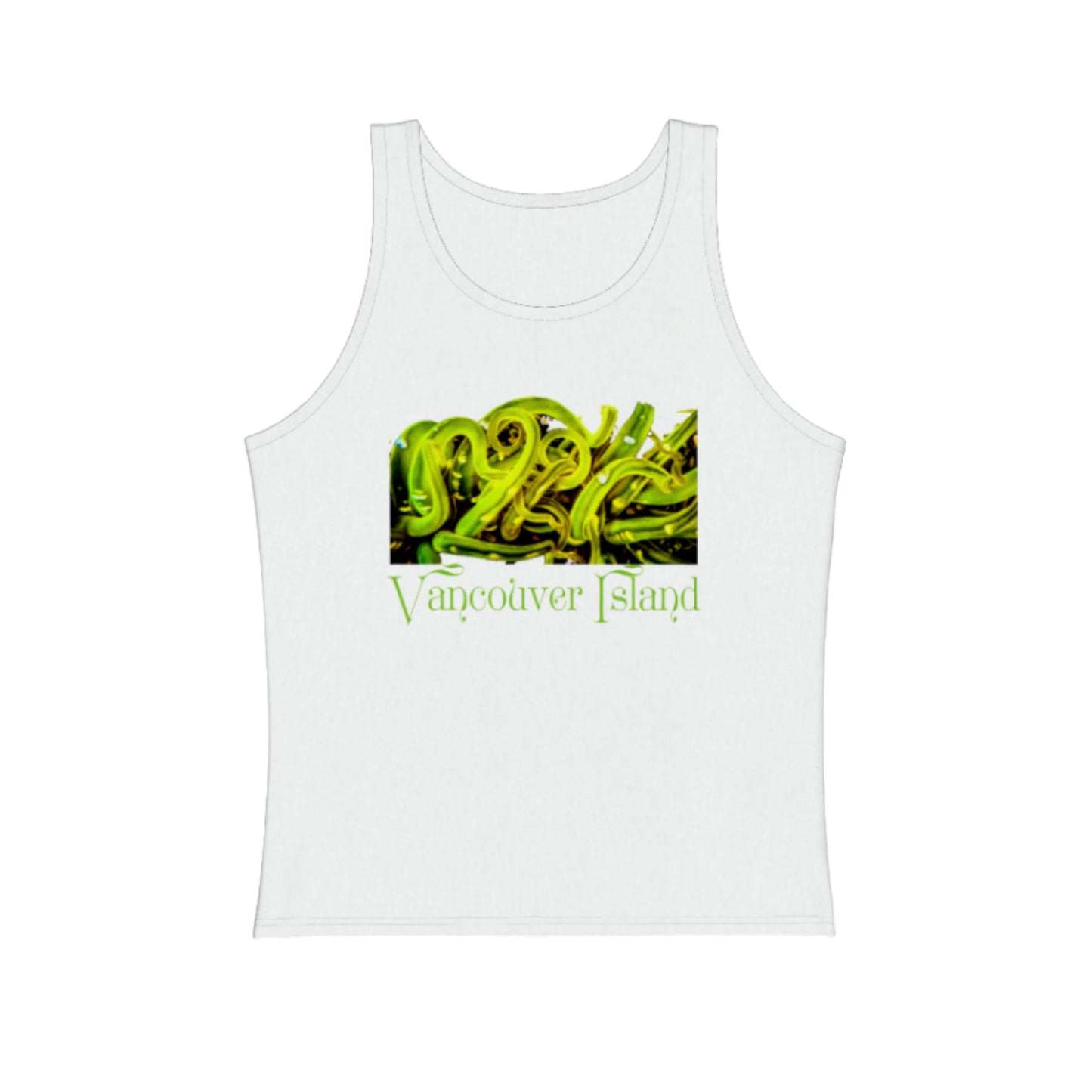 Sea Anemone Vancouver Island premium unisex tank top in white.  The green sea anemone is underwater on the front of the top. by van isle goddess dot com