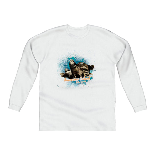 What's Up? Sea Lions Vancouver Island BC Canada Comfort Long Sleeve Unisex T-Shirt. The image on the front of the shirt is of a group of curious sea lions on a log raft. by van isle goddess dot com