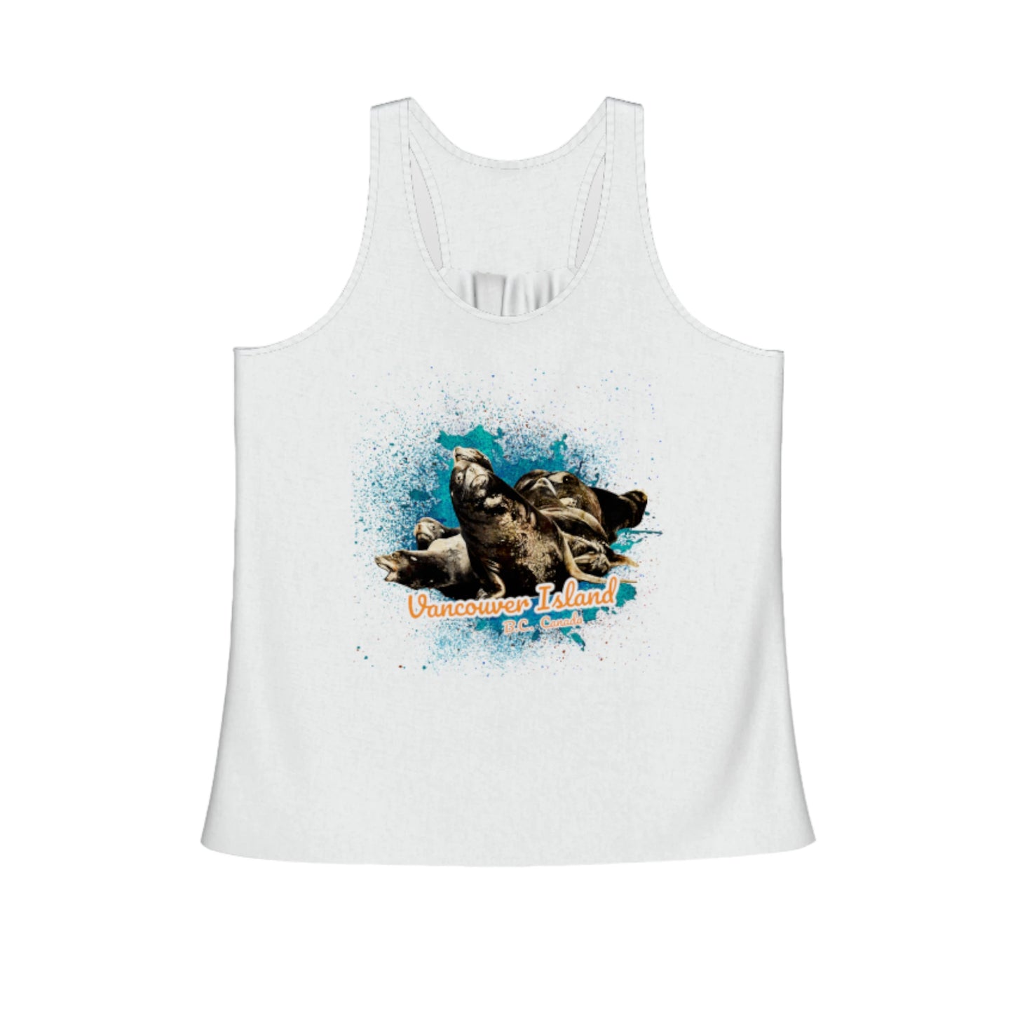 What's Up? Sea Lions Vancouver Island BC Canada Flow racerback tank top. The images on the front is of a group of sea lions floating on a raft of logs. by Van isle goddess dot com