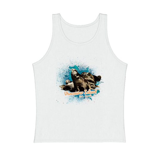 what's up sea lions vancouver island BC Canada premium unisex tank top .  the image is of a group of fun and curious sea lions.  by van isle goddess dot com