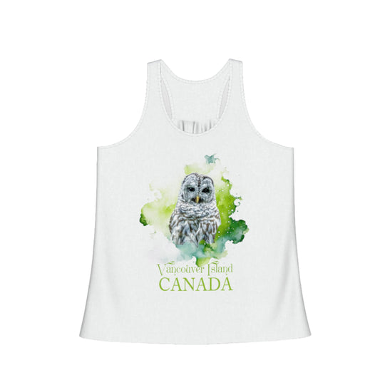 Wise Owl Vancouver Island Canada Flow racerback tank top.  The image on the front of the top is a barred owl with a abstract of shades of green. by van isle goddess dot com