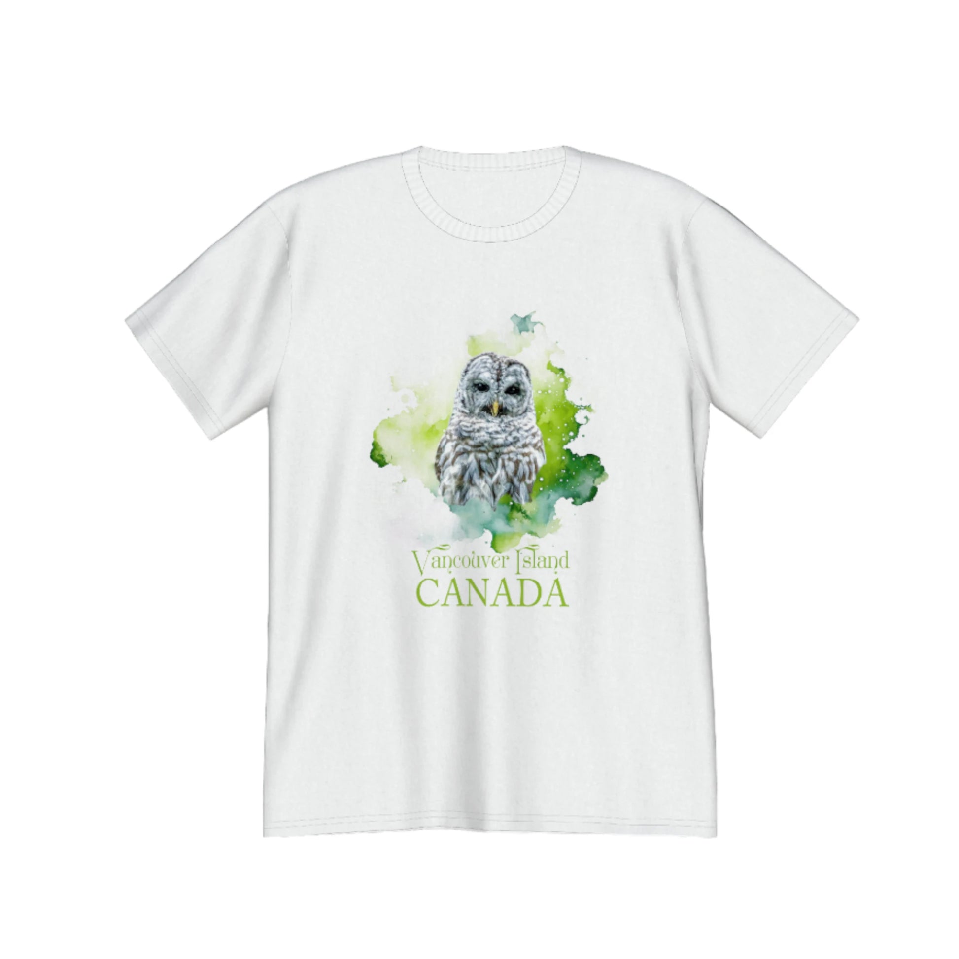 Wise Owl Vancouver Island Canada Premium Unisex T-shirt. The image is of a barred owl close up with a green abstract background. by van isle goddess dot com