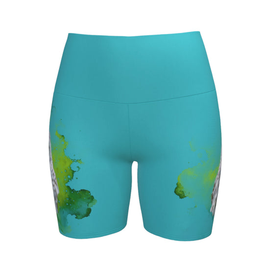 Wise owl yoga shorts features a barred owl printed on the shorts.  The rest of the shorts is turquoise in colour.