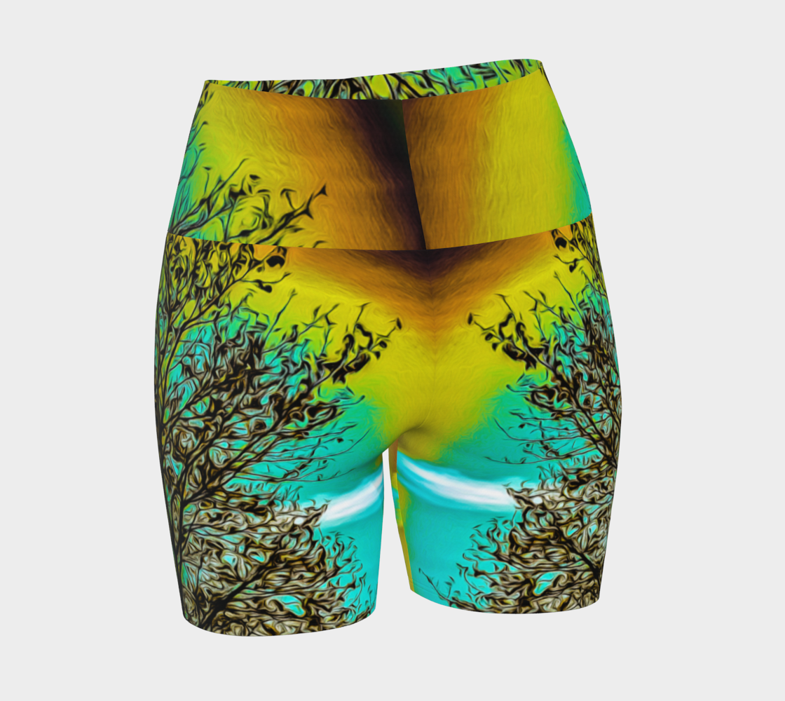 Island Tree of Life yoga shorts features an all over print.  the image is of a tree with a turquoise background.