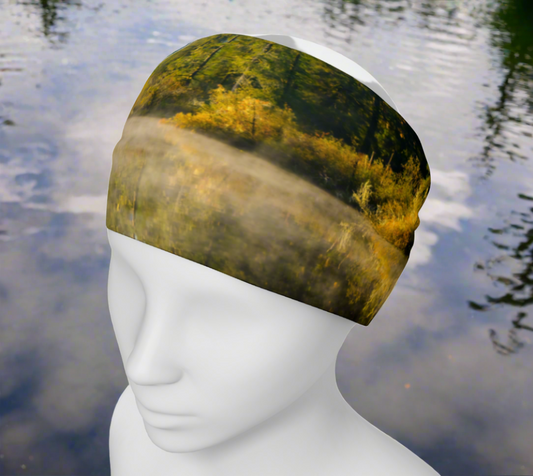 headband and or neck gaiter features an image of fairy lake on vancouver island.