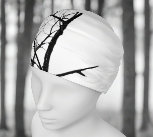 crow feather headband features a image of a tree with several crows in it and white feather .